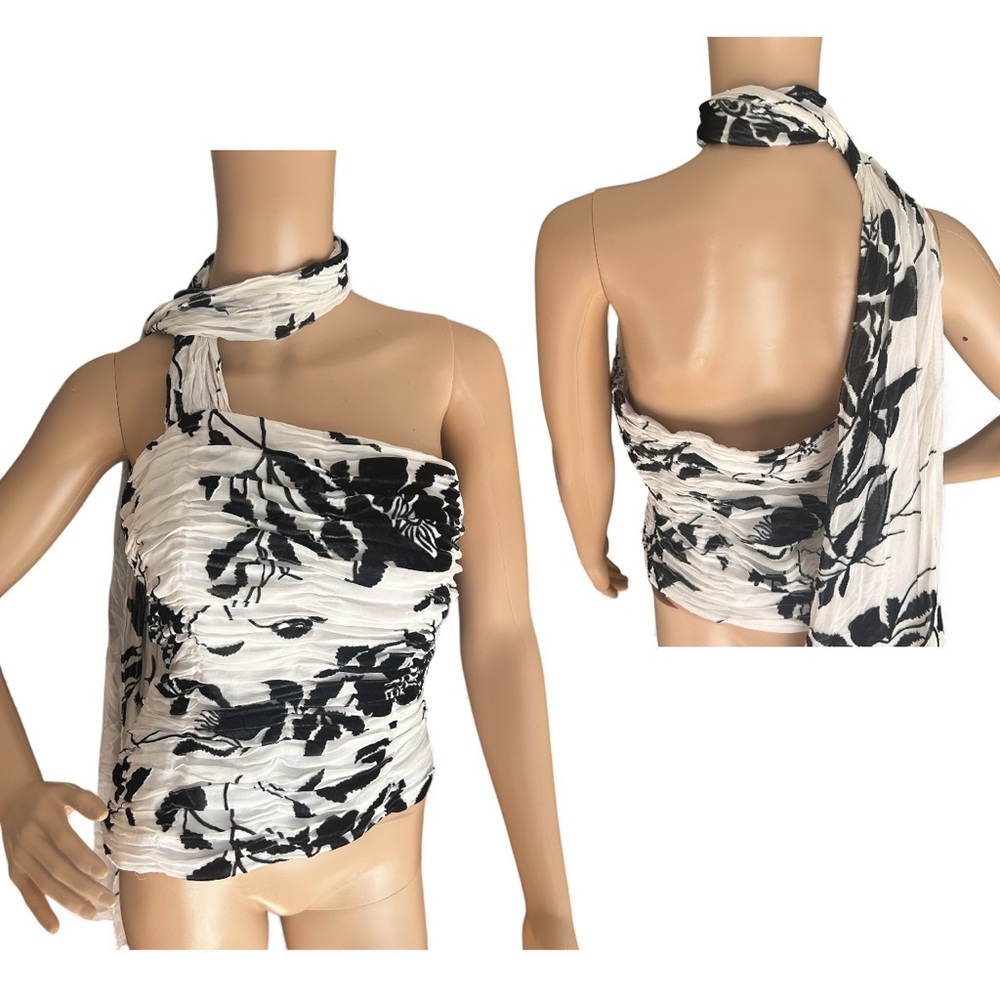 Chetta B Silk One Shoulder Floral Draped Top Size 12 Black White Evening Blouse